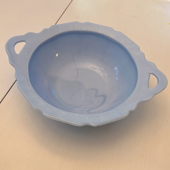 Jeanette Cherry Blossom Delphite Handled Bowl Blue Depression Glass 9" - Picture 1 of 7